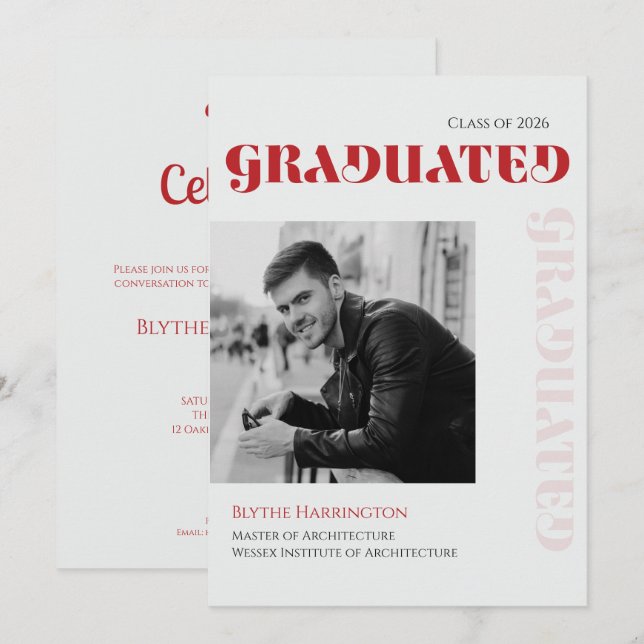 Elegant modern röd svart & grå typsnitt inbjudningar (Fram/baksida)