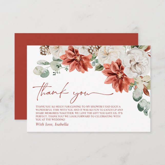 Elegant Modern Röd Vinter Jul Bröllopsdusch Tack Kort (Fram/baksida)