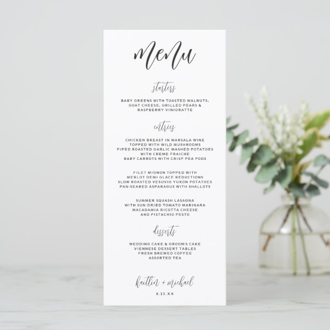 Elegant Modern Rolig Bröllopsmeny | 4 x 9 | Svart Meny (Stående Fram)