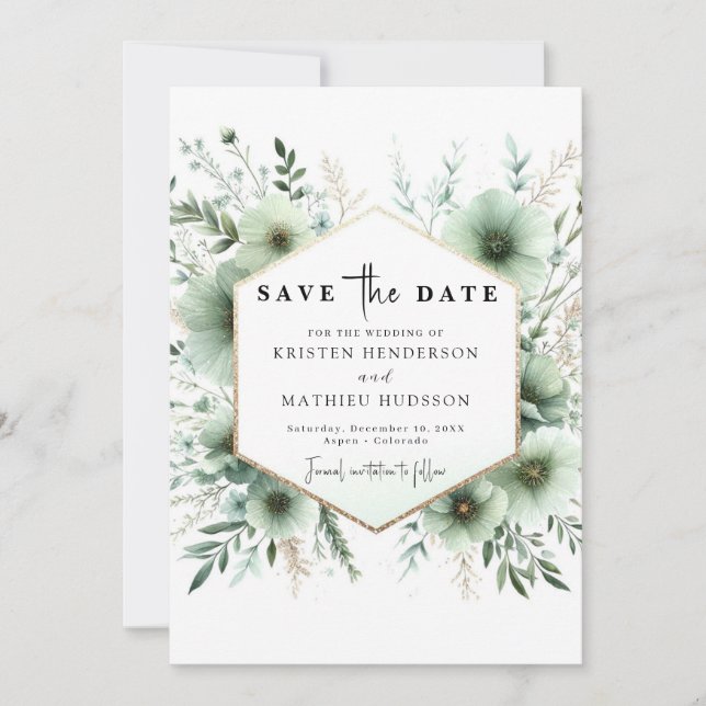 Elegant Modern Romantic Sage Grönt Bröllop Spara Datumet (Framsida)