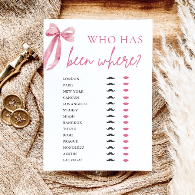 Elegant Modern Rosa Båge Vem Har Varit Game Inbjudningar (Elegant Modern Pink Bow Who Has Been Where Game)