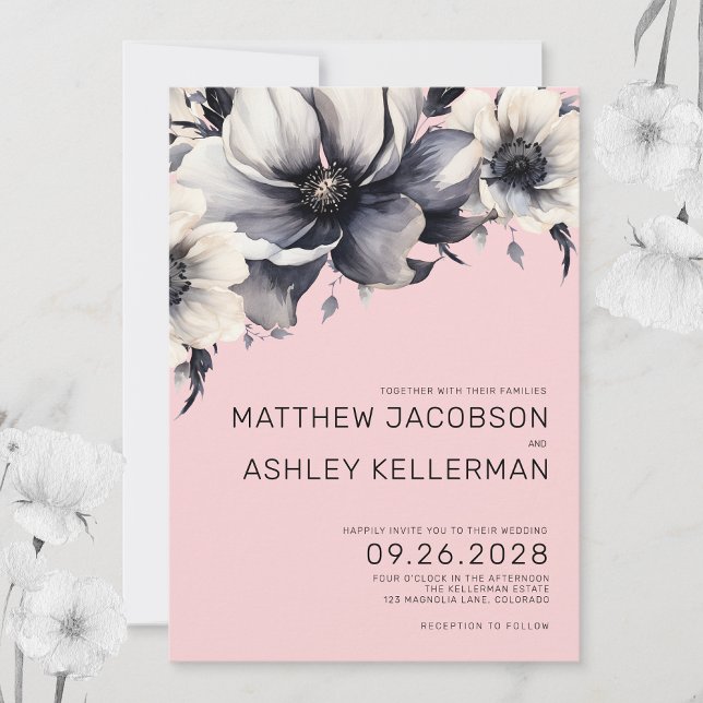 Elegant Modern Rosa Blommig Bröllop Inbjudningar (Modern Elegant Boho Watercolor Pink Floral Wedding Invitation)