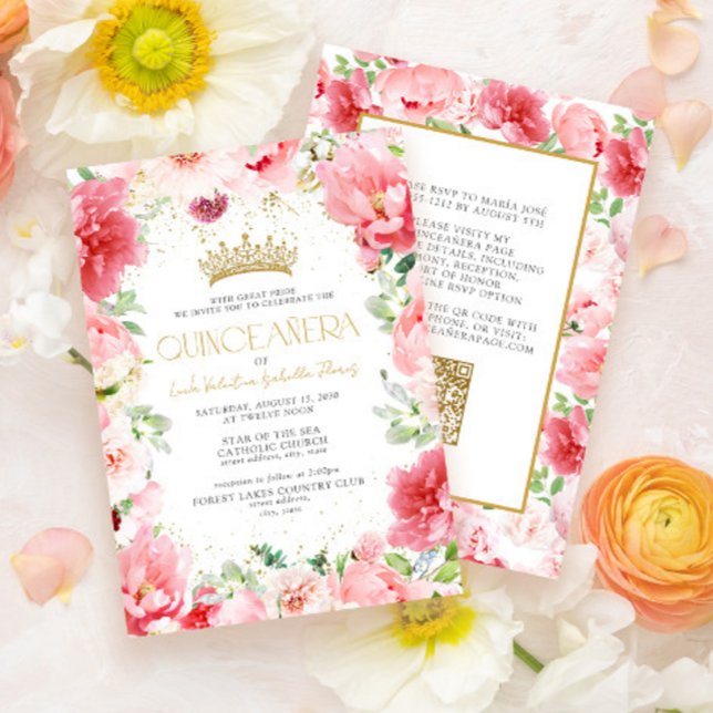 Elegant Modern Rosa Blommigt Guld QR Quinceañera Inbjudningar (Skapare uppladdad)