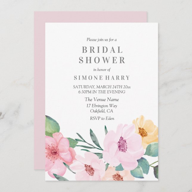 Elegant Modern Rosa Blommigt Möhippa Inbjudningar (Fram/baksida)