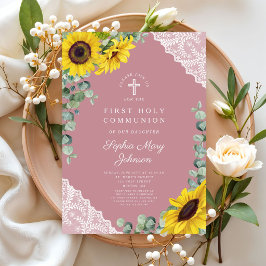 Elegant modern rosa blomsterkors första kommunion inbjudningar
