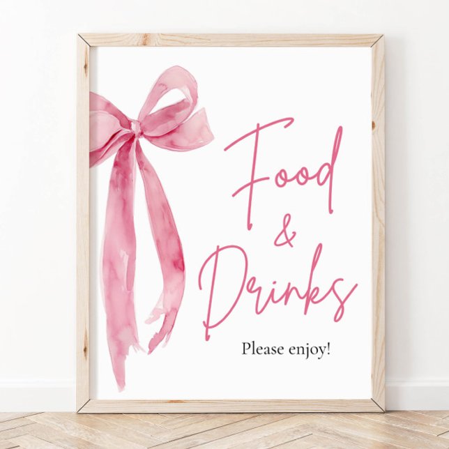 Elegant Modern  Rosa Bow Food and Drinks Sign Poster (Elegant Modern Blush Pink Bow Food and Drinks Sign)