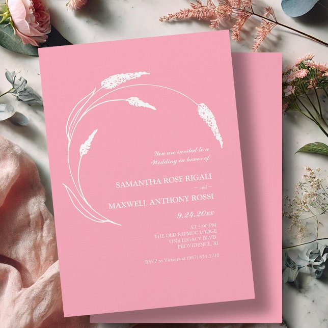 Elegant Modern Rosa Bröllop Inbjudningar (Floral line art pink wedding invitations by Victoria Grigaliunas of Do Tell A Belle)