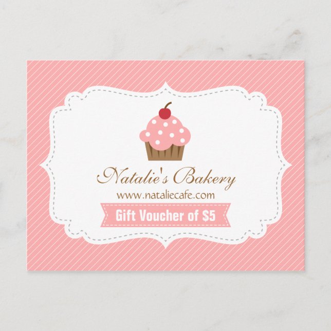 Elegant, Modern, Rosa Cupcake, Bakaffär Voucher Vykort (Framsida)
