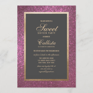 Elegant Modern Rosa Glitter Tjock Gräns Sweet 16 Inbjudningar