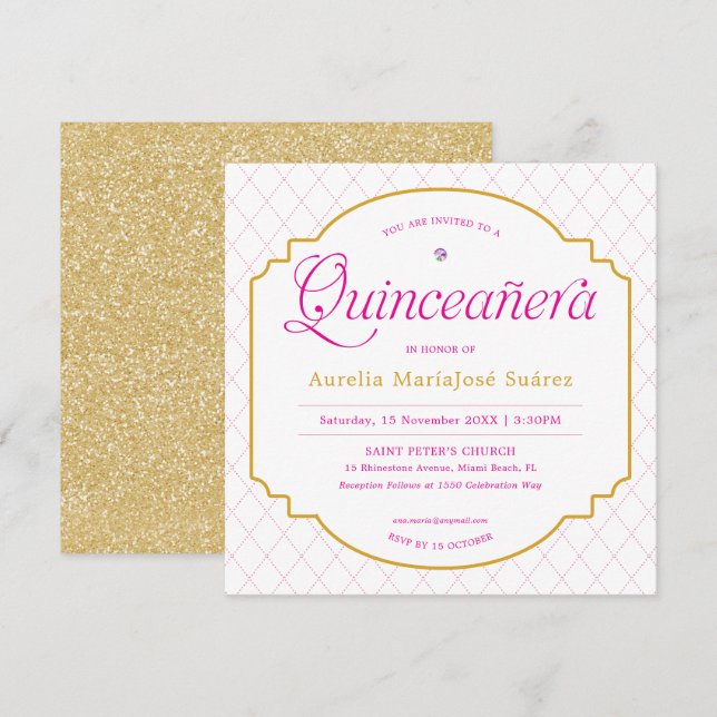 Elegant Modern Rosa Guld Glitter Quinceañera Inbjudningar (Fram/baksida)