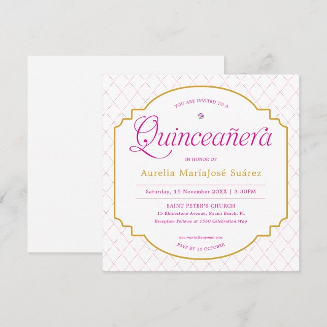 Elegant Modern Rosa Guld Quinceañera Inbjudningar (Fram/baksida)