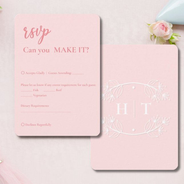 Elegant Modern Rosa Monogram Vapensköld Bröllop OS OSA Kort (Elegant Modern Pink Monogram Crest Wedding RSVP)