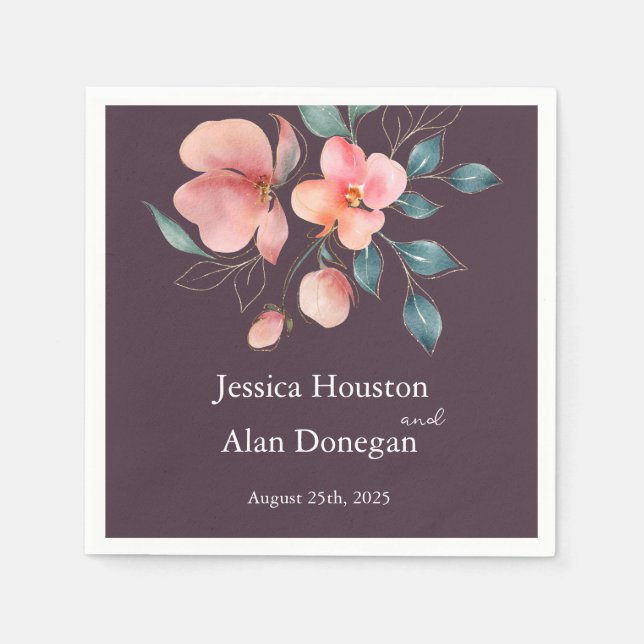 Elegant Modern Rosa och Guld Blommigt Bröllop Pappersservett (Framsidan)