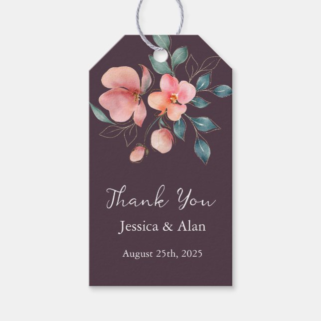 Elegant Modern Rosa och Guld Blommigt Bröllop Presentetikett (Framsidan)