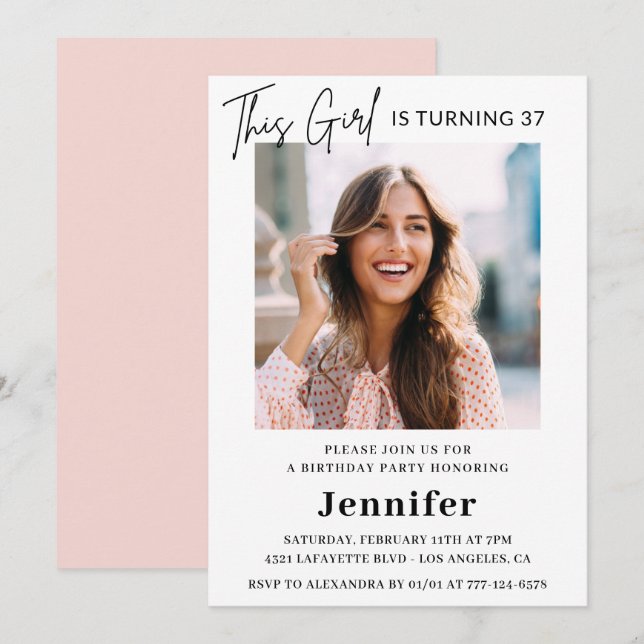 Elegant Modern Rosa Photo 37:e födelsedag Inbjudningar (Fram/baksida)