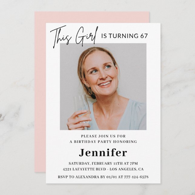 Elegant Modern Rosa Photo 67:e födelsedag Inbjudningar (Fram/baksida)