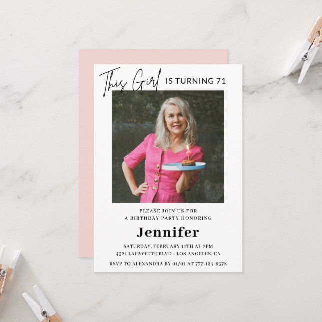 Elegant Modern Rosa Photo 71:a födelsedag Inbjudningar (Fram/Back In Situ)