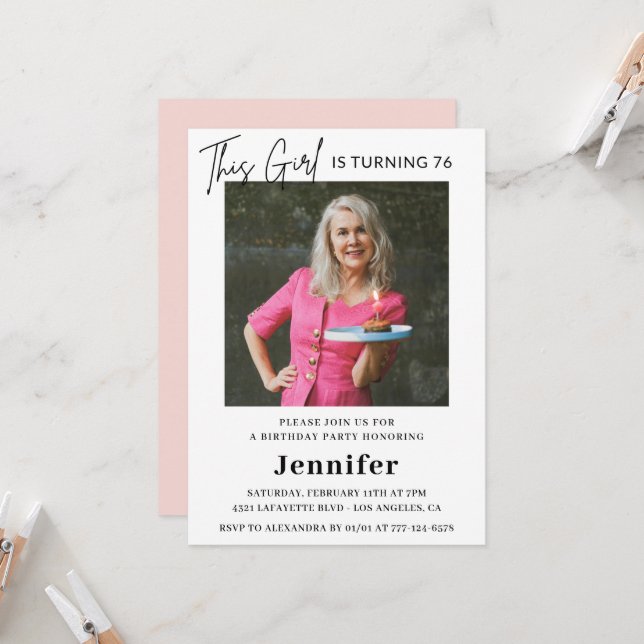 Elegant Modern Rosa Photo 76:e födelsedag Inbjudningar (Fram/Back In Situ)