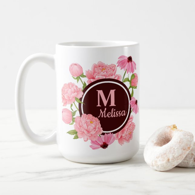 Elegant Modern Rosa Pion Vattenfärg Blommig  Kaffemugg (Med munk)