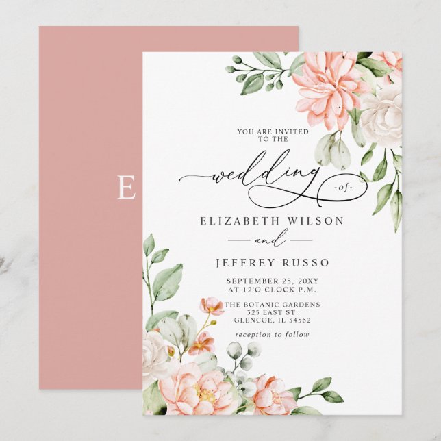 Elegant Modern Rosa Vit Blommig Bröllop Inbjudningar (Fram/baksida)