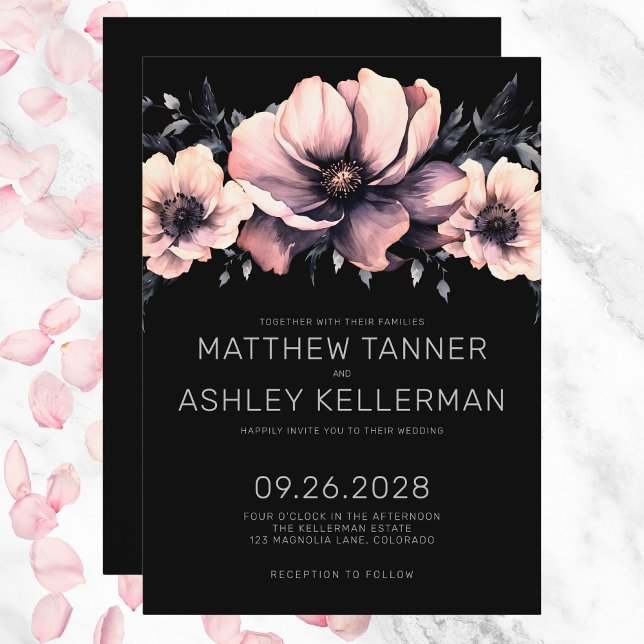 Elegant Modern Rosabränd Svart Blommig Bröllop Inbjudningar (Elegant Modern Blush Pink Black Floral Wedding Invitation)
