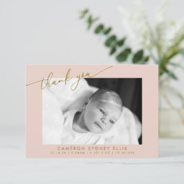 Elegant Modern Rosé Guld Script Baby Foto Födelse Tack Kort