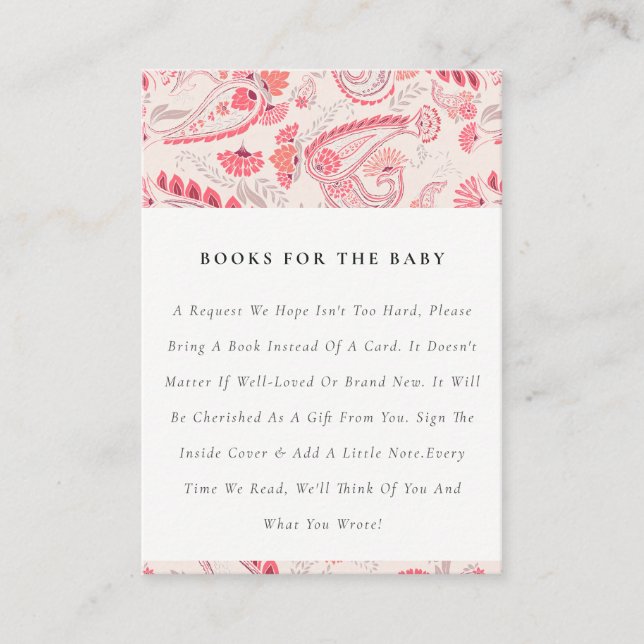 Elegant Modern Rosé Paisley Böcker För Baby Shower Tilläggskort (Framsida)