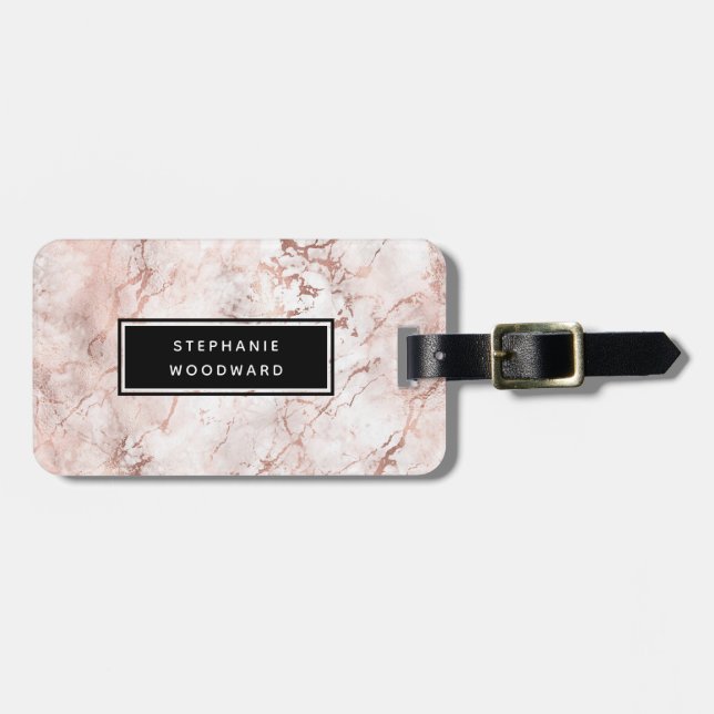 Elegant modern roséguld marmor personlig bagagebricka (Horisontell Framsida)