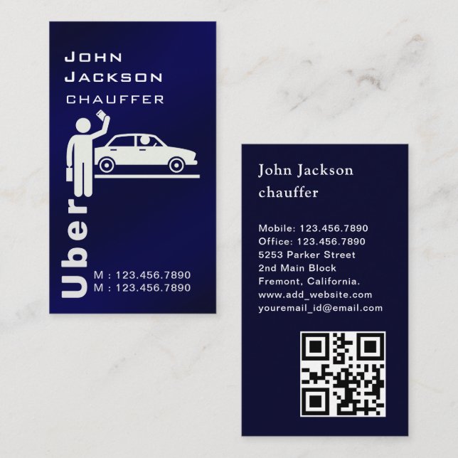 Elegant Modern Royal Blue QR code Chauffeur Visitkort (Fram/baksida)
