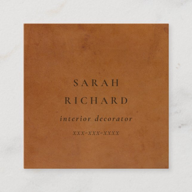 Elegant Modern Rustic Tan Leather Struktur Anpassn Fyrkantigt Visitkort (Framsida)