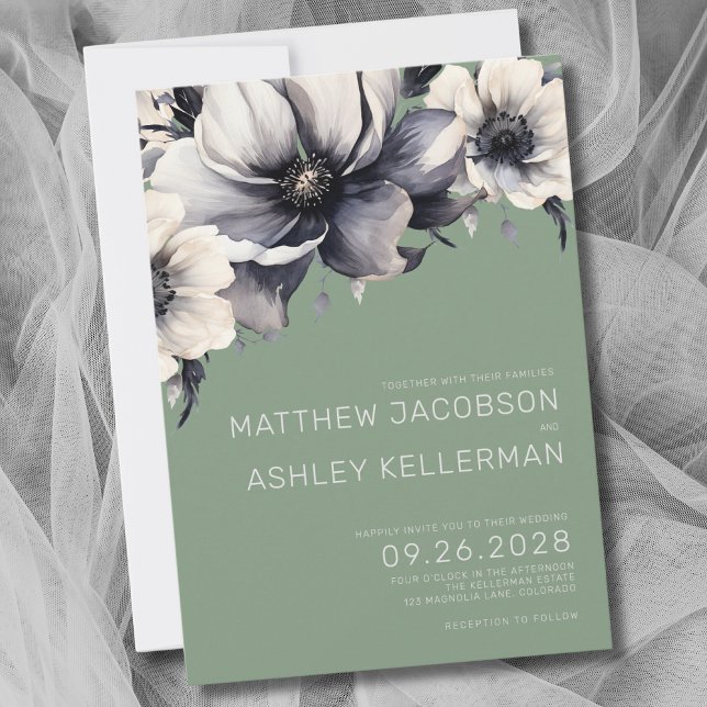 Elegant Modern Sage Grönt Blommigt Bröllop Inbjudningar (Elegant Modern Floral Sage Green Wedding Invitation)