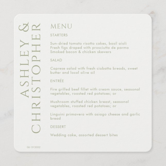 Elegant Modern Sage Grönt Bröllop Meny (Framsida)