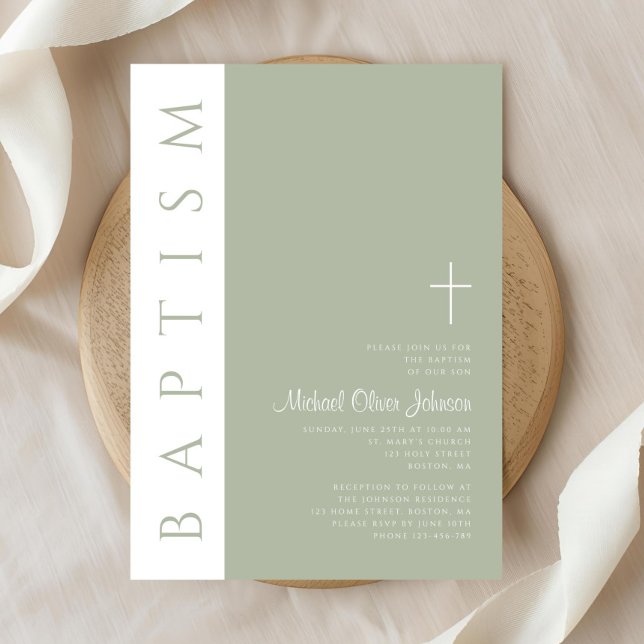 Elegant Modern Sage Grönt Kor Baptism Inbjudningar (Elegant Modern Sage Green Cross Baptism Invitation)