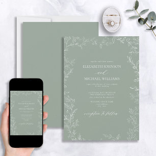 Elegant Modern Sage Grönt Minimal Löv Bröllop Inbjudningar