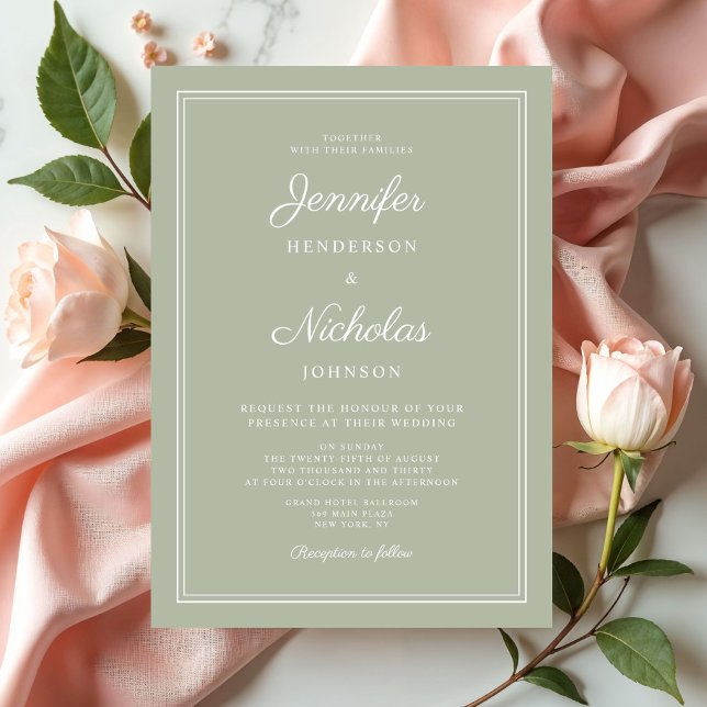 Elegant Modern Sage Grönt Script Bröllop Inbjudningar (Elegant Modern Sage Green Script Wedding Invitation)