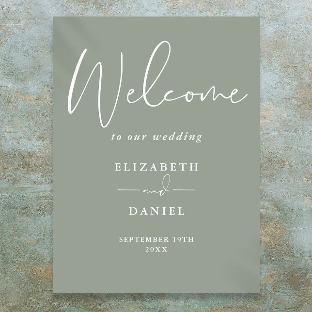 Elegant modern salladgrön välkomstskylt för bröllo poster (Elegant Modern Sage Green Wedding Welcome Sign)