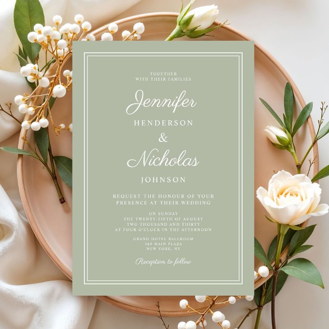 Elegant Modern Salvia Grön Skript Bröllop Inbjudningar (Elegant Modern Sage Green Script Wedding Invitation)
