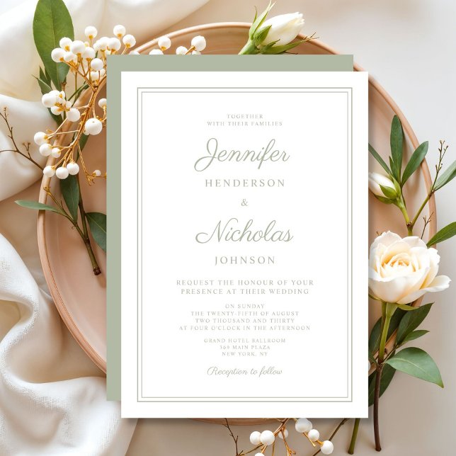 Elegant Modern Salvia Grön Skript Bröllop Inbjudningar (Elegant Modern Sage Green Script Wedding Invitation)