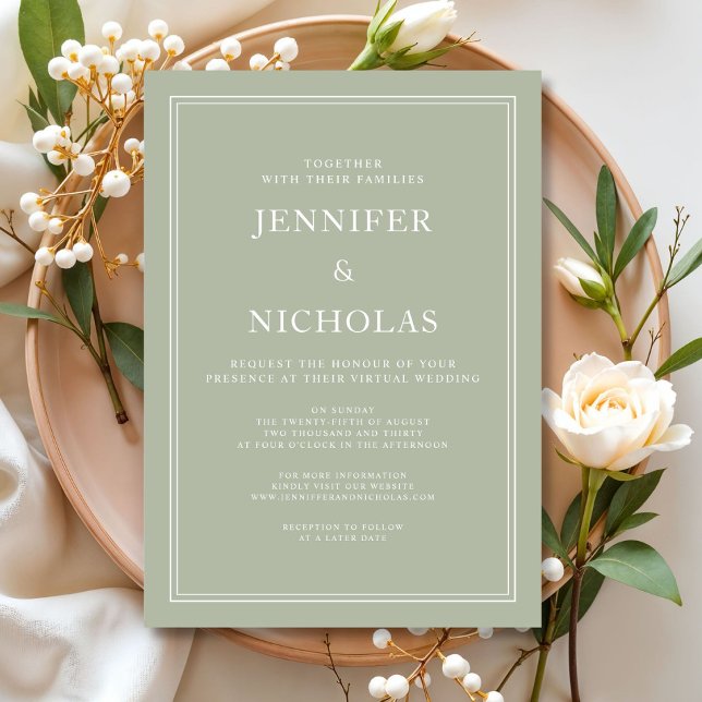 Elegant Modern Salvia Grön Virtuell Bröllop  Inbjudningar (Elegant Modern Sage Green Virtual Wedding Invitation)