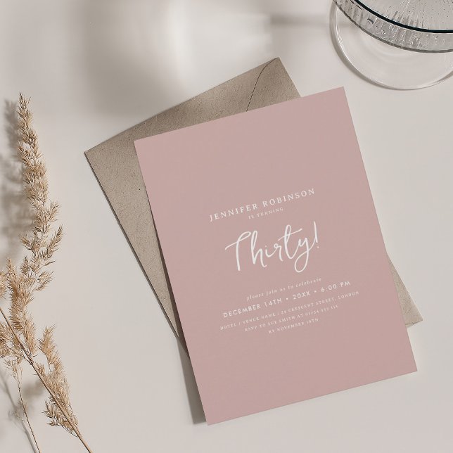 Elegant Modern Script 30års födelsedag Dusty Rosa Inbjudningar (Elegant Modern Script 30th Birthday Dusty Pink Invitation)