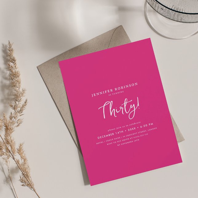 Elegant Modern Script 30års födelsedag Party Shock Inbjudningar (Elegant Modern Script 30th Birthday Party Hot Pink Invitation)