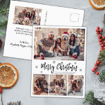 Elegant Modern Script 4 Photo Collage jul Vykort<br><div class="desc">Elegant, svart och vitt Snöflingor Modern 4 Photo Collage God jul Script Helgdag Postcard. Den här festliga, imimalistiska, vimiska 4 (4) fotokortsmallen innehåller en söt fotokollage, en snowflake och säger God jul! Texten "God jul" hälsning är skriven med ett vackert, svart, stavat typsnitt på vit färg-bakgrund. Söt hälsning vykort till...</div>