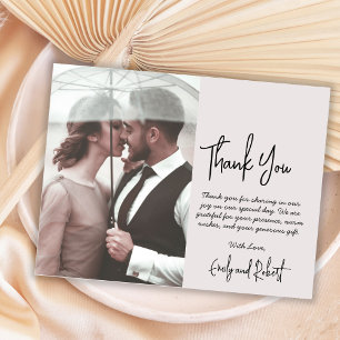 Elegant Modern Script Beige Photo Bröllop Tack Kort