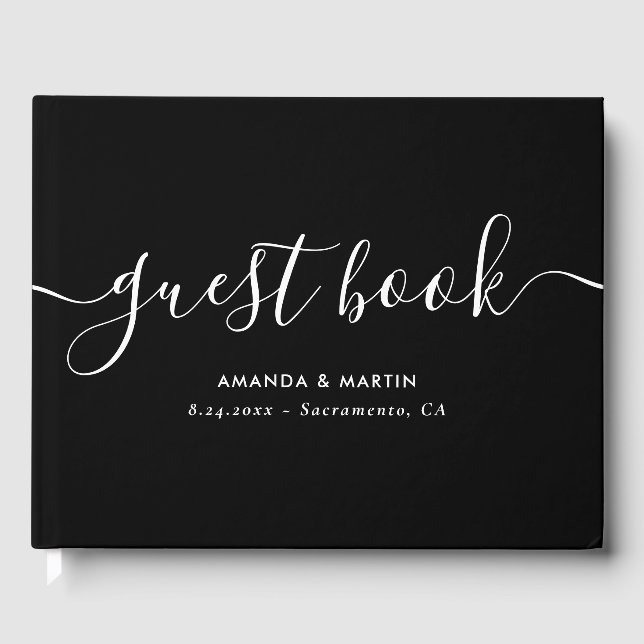Elegant Modern Script Black and White Bröllop Gästböcker (Framsida)
