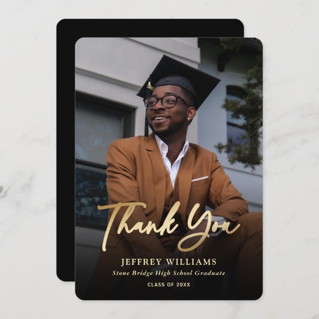 Elegant Modern Script Black Guld Photo Studenten Tack Kort (Fram/baksida)