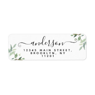Elegant Modern Script Black Last Name Greenery Returadress Etikett