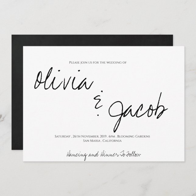 Elegant Modern Script Black & White Bröllop Inbjudningar (Fram/baksida)
