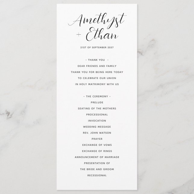 Elegant Modern Script Black & White Bröllop Program (Framsida)