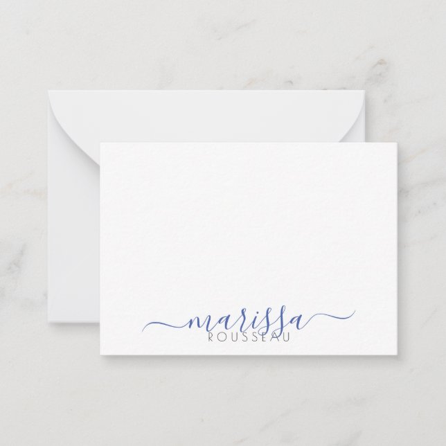 Elegant Modern Script Blue Monogram Namn Note Card Anteckningskort (Framsida)