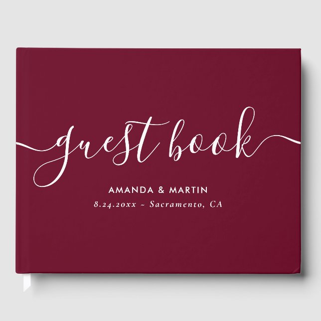 Elegant Modern Script Burgundy Bröllop Gästböcker (Framsida)